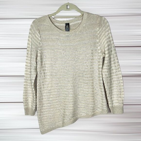 MARLAWYNNE Cotton Linen Blend Crew Neck Beige Sweater Top Asymmetrical Hem - Picture 1 of 8
